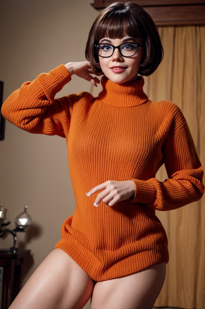 sensual Velma from Scooby Doo with big and square glasses wearing a tight orange turtleneck sweater, Mischievous, horny, collar, in a haunted house, athletic and fit body, Mischievous, perfect hands, detailed hands, Perfect the eyes, detailed eyes, provocative, sensual, Mischievous, great happiness , realisitic, HDR, ultra high definition, dynamic
