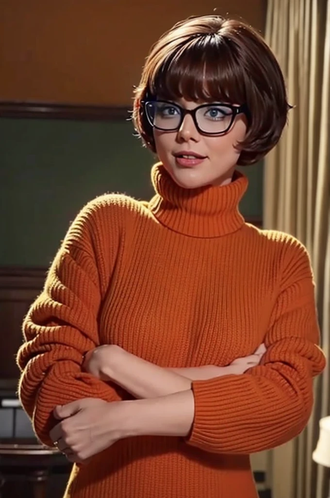 sensual Velma from Scooby Doo with big and square glasses wearing a tight orange turtleneck sweater, Mischievous, horny, collar, in a haunted house, athletic and fit body, Mischievous, perfect hands, detailed hands, Perfect the eyes, detailed eyes, provocative, sensual, Mischievous, great happiness , realisitic, HDR, ultra high definition, dynamic