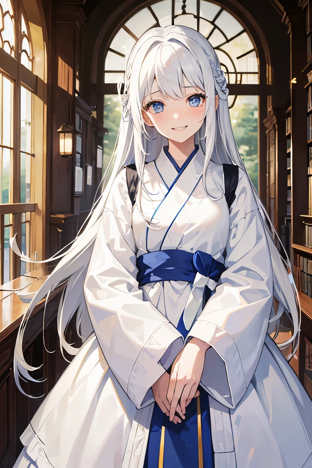 One young woman, around twelve years old, long white hair, wearing a white kimono, Grinning, Tilting your head slightly, confused, blue colored eyes, vivid appearance, happy scene, inside a library, crying with joy, Grinning, white teeth