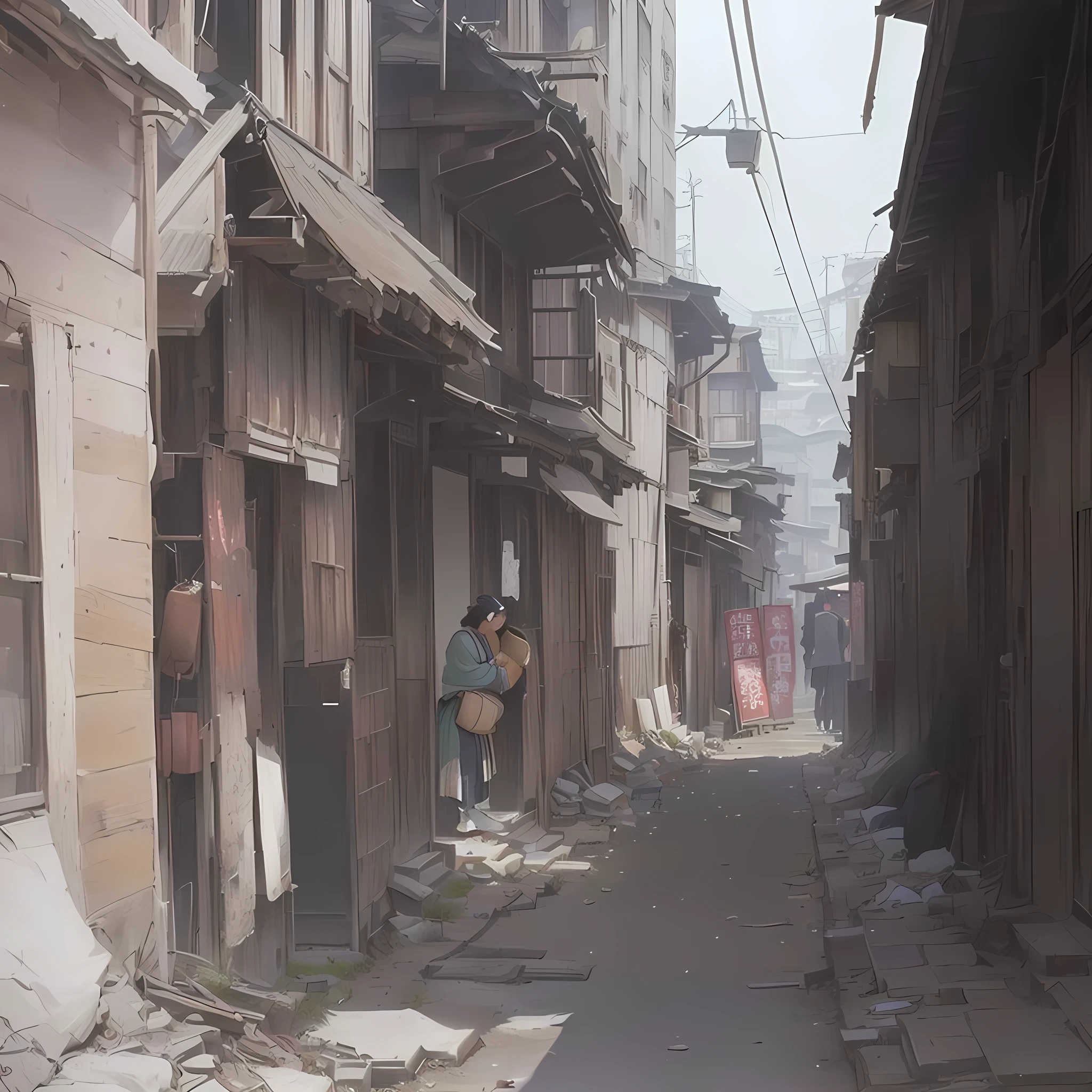 There is a picture of a street with buildings and trash cans., Dusty Street, misty alleyway, misty alleyways, Gwaiz, The ancient street behind her, Quiet Street, alley, alleyway, Written by Zou Zhe, alleys, Abandoned street, back alley, artwork in the style of Gwaiz, Luan Jia Blazing flames, fire, crowd, throng, freezing, mother warming her baby.Scenery and Cityscape in the Early Meiji Era After the Meiji Restoration, Japan underwent rapid modernization and civilization. Consequently, many changes and reforms occurred. Below is a detailed explanation of the scenery, appearance of the poor, occupations, and cityscapes in the early Meiji period (1868 to the early 1880s). 2. Appearance of the Poor Life for the impoverished and lower classes remained harsh. In particular, in urban areas, people migrated from rural areas or unemployed artisans gathered, intensifying competition in the labor market. Many of them struggled with poverty, often residing in slums or around temples. 3. Occupations Meiji early Japan witnessed a diversification of occupations. Traditional agriculture and handicrafts were accompanied by the rise of modern industry and commerce. Particularly in urban areas, factory workers, shop clerks, and transporters increased, giving rise to new professions. However, many in these occupations endured harsh working conditions. 4. Influence of Civilization and Enlightenment During the Meiji era, Western cultural influences spread rapidly. Changes in clothing, dietary habits, and the proliferation of Western-style architecture advanced, especially in urban areas. Conversely, this development posed a threat to traditional culture and lifestyles, resulting in societal upheaval and adaptation challenges. 5. Social Change and Policy Influence While promoting modernization policies, the government also addressed poverty and social issues. Legislation for labor protection and charitable activities to aid the poor were implemented. Nevertheless, living conditions for the impoverished scarcely improved. The early Meiji period marked a rapid transformation in Japan, with complex soc