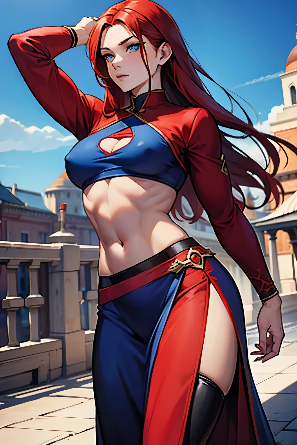 Caucasian female, long red red hair, blue colored eyes, dark blue monk outfit RPG, wearing top, defined belly, fighter, sexy athletic body, fully body