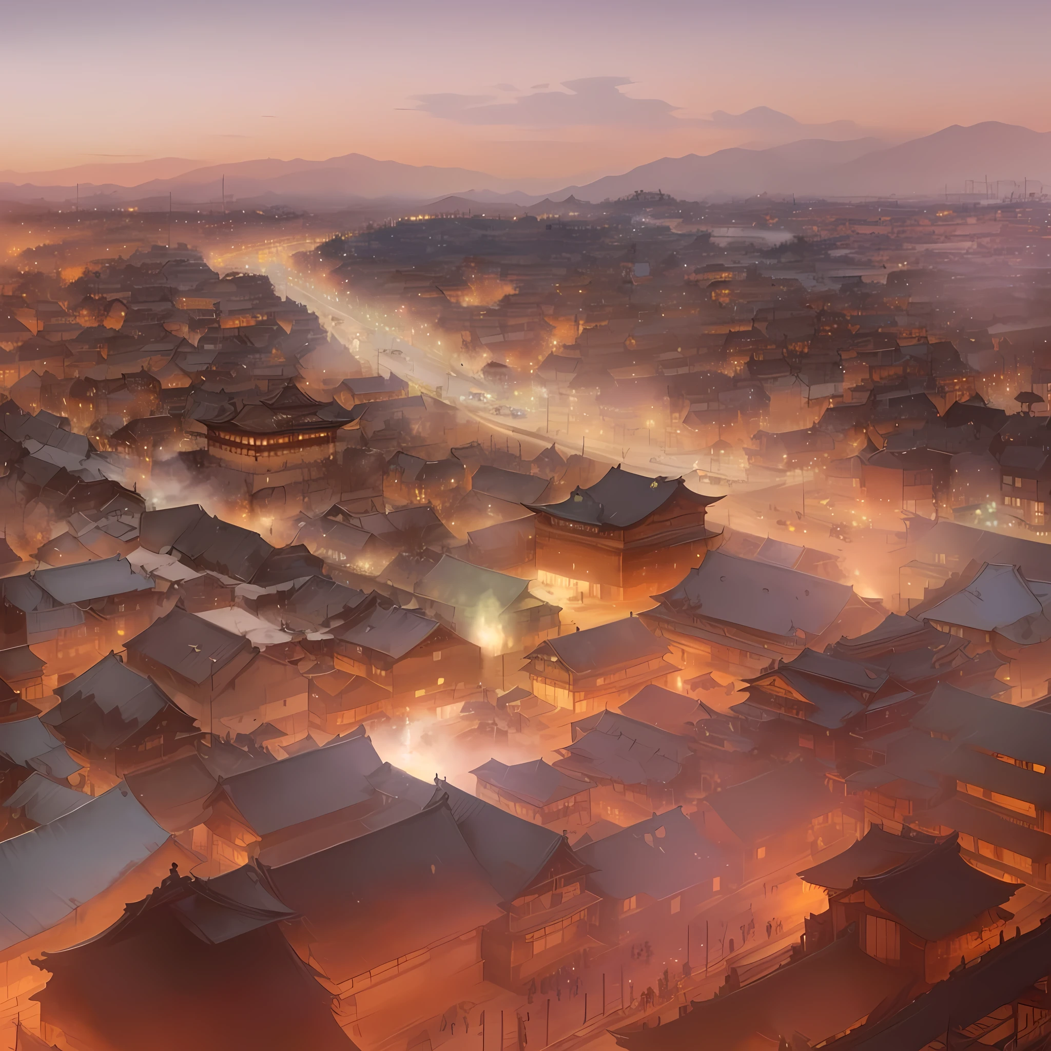 Aerial view of a city at night with a train passing by, Dreamy city in China, an ancient city on fire, Andreas Rocha Style, by Li Zai, art style of by Marc Simonetti, Japanese cities, the style of andreas rocha, by Marc Simonetti. Complex, Beautiful renderings of the Tang Dynasty, Ancient cityscape, style of by Marc SimonettiBlazing flames, fire, crowd, throng, freezing, mother warming her baby.Scenery and Cityscape in the Early Meiji Era After the Meiji Restoration, Japan underwent rapid modernization and civilization. Consequently, many changes and reforms occurred. Below is a detailed explanation of the scenery, appearance of the poor, occupations, and cityscapes in the early Meiji period (1868 to the early 1880s). 2. Appearance of the Poor Life for the impoverished and lower classes remained harsh. In particular, in urban areas, people migrated from rural areas or unemployed artisans gathered, intensifying competition in the labor market. Many of them struggled with poverty, often residing in slums or around temples. 3. Occupations Meiji early Japan witnessed a diversification of occupations. Traditional agriculture and handicrafts were accompanied by the rise of modern industry and commerce. Particularly in urban areas, factory workers, shop clerks, and transporters increased, giving rise to new professions. However, many in these occupations endured harsh working conditions. 4. Influence of Civilization and Enlightenment During the Meiji era, Western cultural influences spread rapidly. Changes in clothing, dietary habits, and the proliferation of Western-style architecture advanced, especially in urban areas. Conversely, this development posed a threat to traditional culture and lifestyles, resulting in societal upheaval and adaptation challenges. 5. Social Change and Policy Influence While promoting modernization policies, the government also addressed poverty and social issues. Legislation for labor protection and charitable activities to aid the poor were implemented. Nevertheless, living conditions for the impoverished scarcely improved. The early Meiji period marked a rapid transformation in Japan, with co