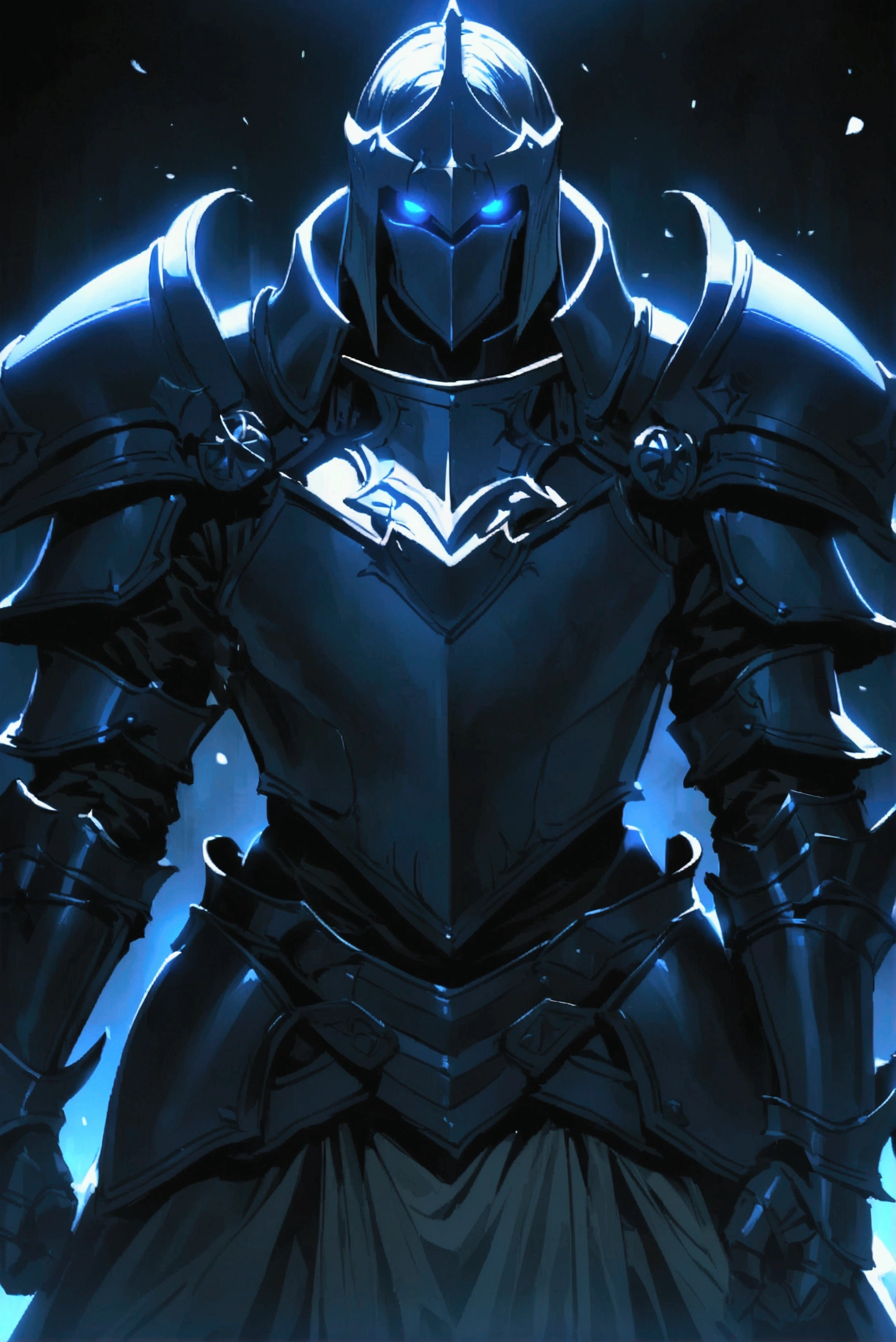 Extremely strong Templar knight with plate armor, black background in the dead of night aggressive blue lights tech