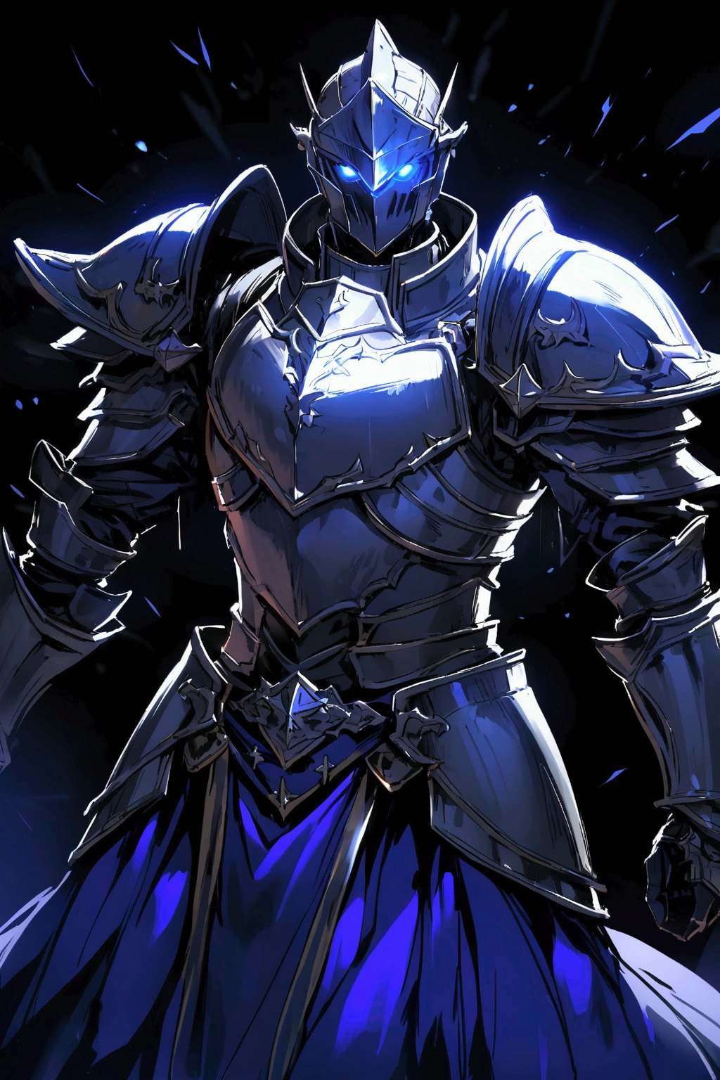 Extremely strong Templar knight with plate armor, black background in the dead of night aggressive blue lights tech