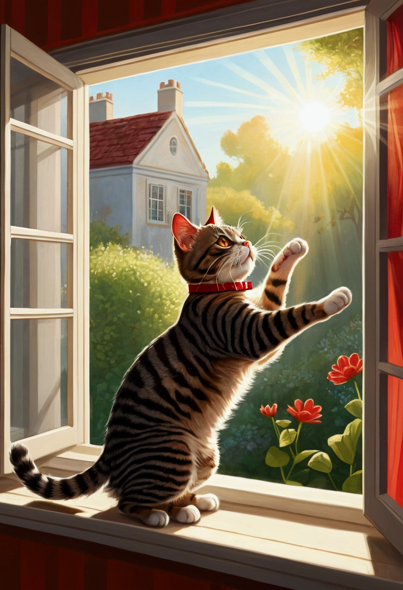 Illustration of a striped cat named Max with a red collar gracefully jumping out of an open window. Sunlight is illuminating his fur, and his expression shows fearless determination. The background shows a cozy room with a window opening to a beautiful garden outside