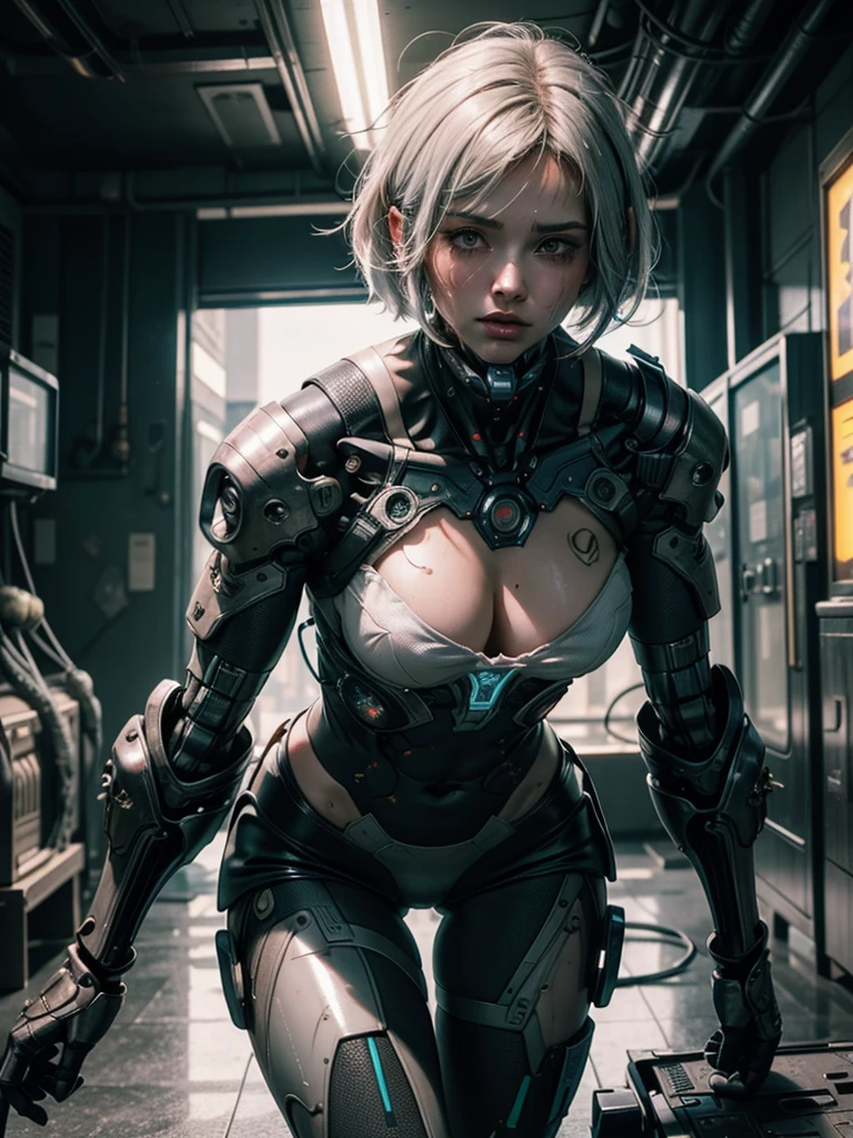 (Details: 1.4), (Details: 1.4), 。.3D, cowboy lens, Beautiful cyberpunk woman, hdr (HighDynamicRange), Ray tracing, NVIDIA RTX, Super resolution, Unreal 5, Subsurface scattering, PBR textures, Post-processing, Anisotropic filtering, Depth of field, Maximum Sharpness and Clarity, Multi-layer textures, Albedo e mapas Speculares, Surface Coloring, Accurate simulation of light material interactions, Perfect proportions, rendering by octane, Bicolor light, largeaperture, Low ISO, White balance, Rule of thirds, 8K raw data, Gray hair, Glossy hair, Delicate hair, Short hair, bob hair, side locks, Asymmetrical bangs, Beautiful detailed glass white hair, Sweat-soaked skin, Flowing sweat, The skin is wet and shiny, sweaty, dripping, (((Glossy glossy skin)), ((strong gloss of clothes)), mechanical cybersuit, (Action scenes), sexy posture, leaning forward, tattoos on bare skin, Perfect anime robot woman, robots in organic mix, cyborg lady, best 4K wallpapers, Detailed digital art, bishōjo cyborg, Biomechanicals, Digital cyberpunk art,