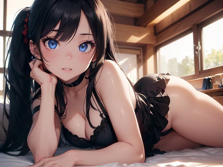 a beautiful girl with long black hair, piercing blue eyes, adult female body, in a bedroom, facing the camera, in a sexy pose, wearing hair ties, low-cut vampiric style mini dress that shows her big breasts and ass, pert ass, ponytail, makeup face (best quality, 4k, 8k, high resolution, masterpiece: 1.2), ultra-detailed, (realistic, photorealistic, photorealistic: 1.37), extremely detailed eyes and face, long eyelashes, strands detailed hair styles, detailed fabric textures, dramatic lighting, warm color palette