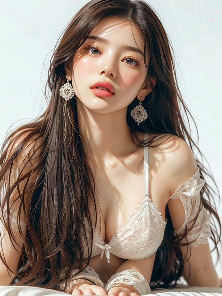 White Background、Professional Lighting、(((Professional Lighting 1.5)))、Translucent skin texture、Beautiful Skin、Beautiful Skin、、(((Whitening 1.5)))、Mid-length hair、Loose wavy hair、音符のEcstasy、((White lace bra 1.5))、、Mid-shot photo、Simple earrings and necklace、((white hair))、Tie your hair up、sex appeal、Sex Appeal、Ecstasy、(((On all fours 1.5))、(((1.85)))