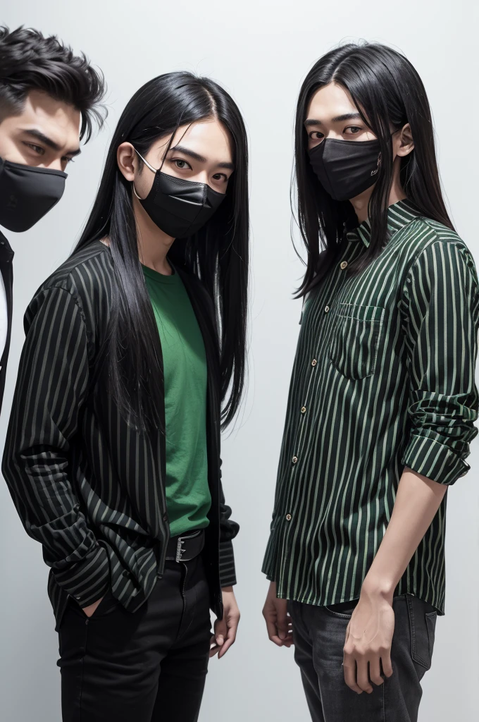 Characters in fre fire medium long hair and black mask and black and green striped shirt