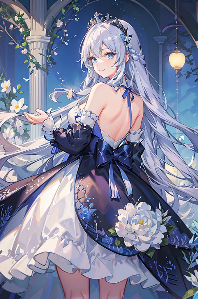 A woman with white hair and blue eyes、adult、Long, fluffy wavy hair、Braiding、Wearing hair ornaments、Smiling、Princess、White gloves、blue and white lace dress、ribbon、Decorations such as flowers and drops、The dress is short in the front and long in the back、Garter Ring、Fantasy