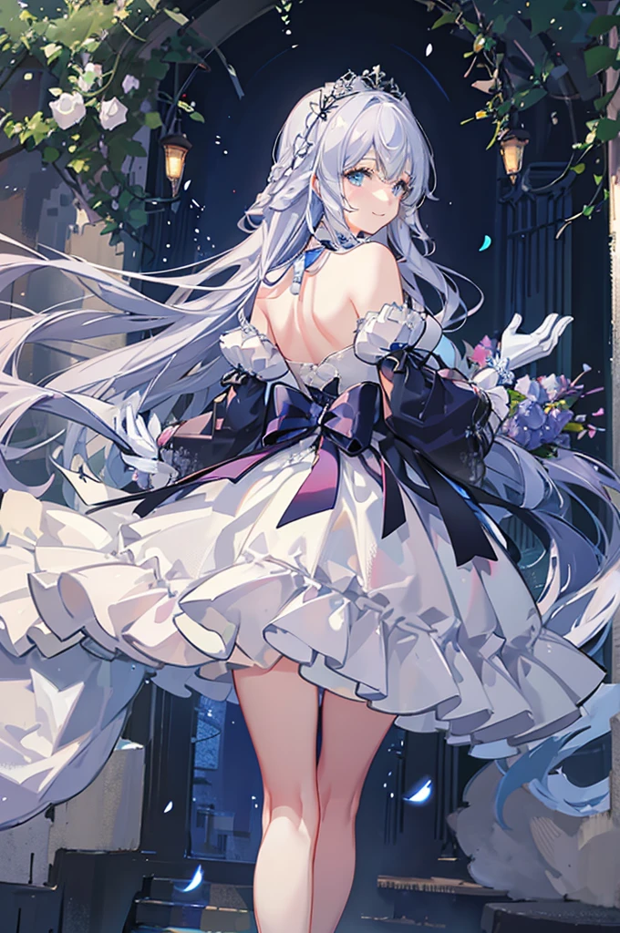 A woman with white hair and blue eyes、adult、Long, fluffy wavy hair、Braiding、Wearing hair ornaments、Smiling、Princess、White gloves、blue and white lace dress、ribbon、Decorations such as flowers and drops、The dress is short in the front and long in the back、Garter Ring、Fantasy