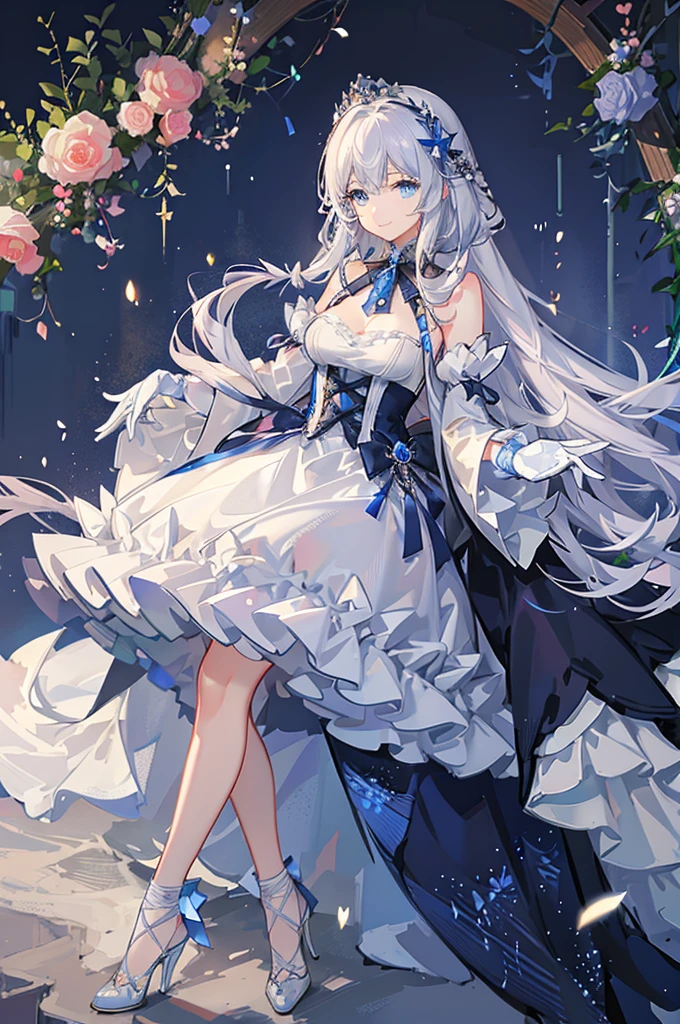 A woman with white hair and blue eyes、adult、Long, fluffy wavy hair、Braiding、Wearing hair ornaments、Smiling、Princess、White gloves、blue and white lace dress、ribbon、Decorations such as flowers and drops、The dress is short in the front and long in the back、Garter Ring、Fantasy