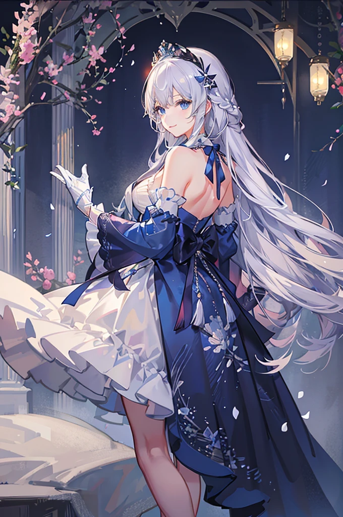 A woman with white hair and blue eyes、adult、Long, fluffy wavy hair、Braiding、Wearing hair ornaments、Smiling、Princess、White gloves、blue and white lace dress、ribbon、Decorations such as flowers and drops、The dress is short in the front and long in the back、Garter Ring、Fantasy
