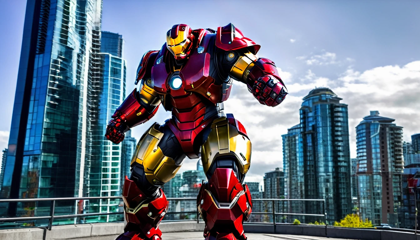 Hulkbuster-like mech ready for battle, Vancouver, high-quality artwork, anime style, intense lighting, cityscape background, heroic pose, dramatic shadows, black suit with red side highlights, repulser cannons on wrists, dynamic motion, slams fist into the ground, hockey goalie faceplate, hockey goalie visor, grey visor covering face, epic superhero