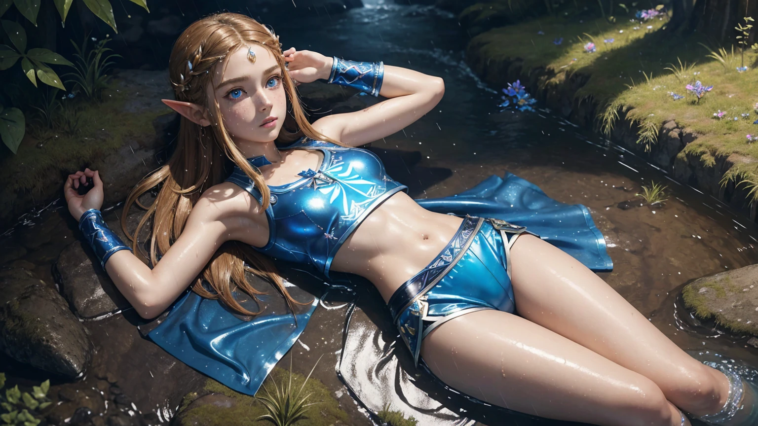 masterpiece. 4k. highly detailed epic fantasy oil painting of beautiful Princess Zelda. sparkly blue eyes, freckles. detailed stylish suit,
shiny reflective leather shorts for the summer. crop top shirt. athletic. Hyrule motif. lying on creek. sweating. rain. river. wet.
from above, eagle eye shot, far shot. wildflowers.