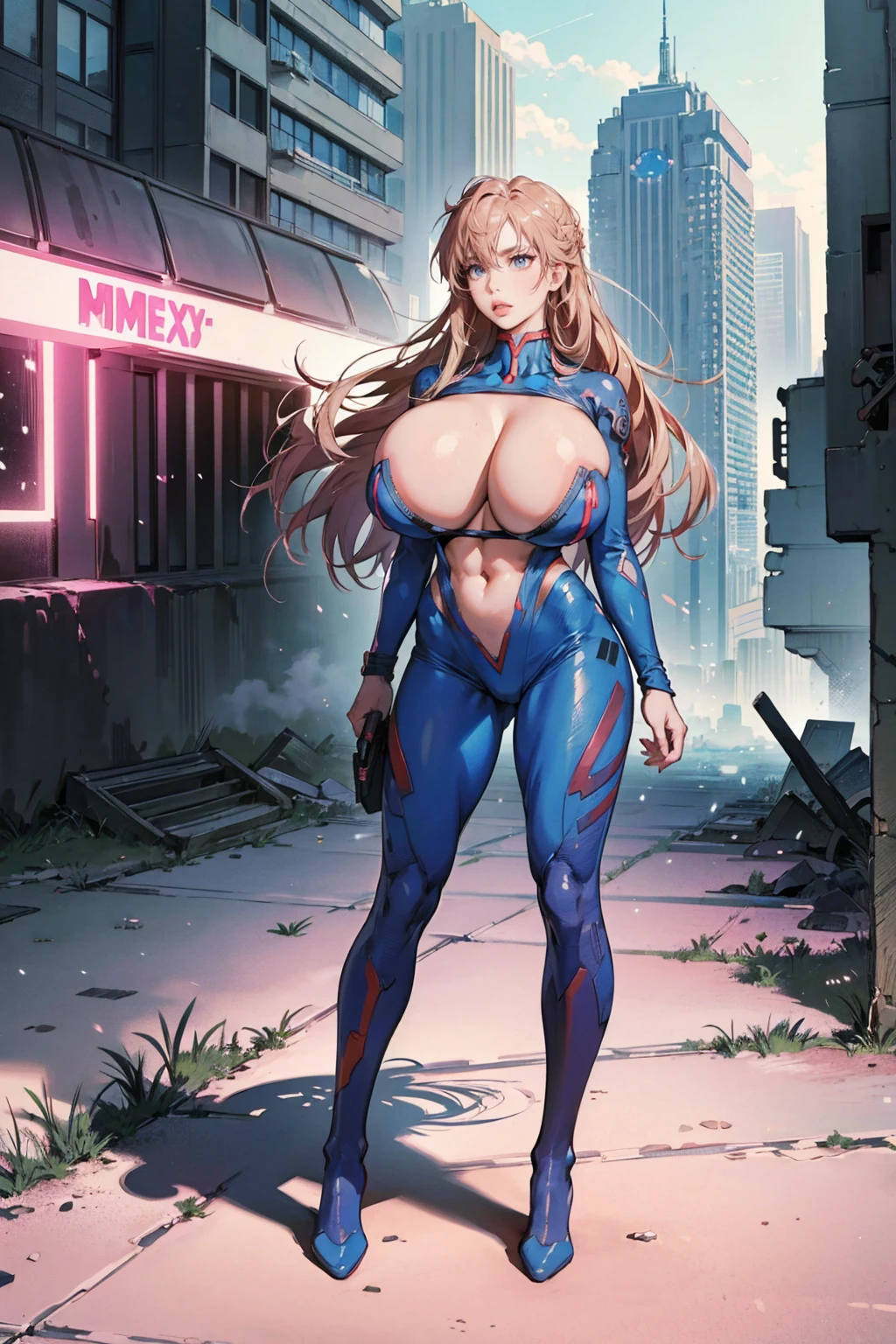 supergirl, pureerosface_v1, sticker of a girl from dc comic, full body, Kim Jung gi, , (gigantic breasts breasts 1.6),soul, digital illustration, comic style, cyberpunk, perfect anatomy, centered, approaching perfection, dynamic, highly detailed, watercolor painting, artstation, concept art, smooth, sharp focus, illustration, art by Carne Griffiths and Wadim Kashin ,, (masterpiece, best quality, ultra-detailed, best shadow),, In the style of Neon Genesis Evangelion, you find yourself standing on a desolate, post - apocalyptic wasteland, as the distant ruins of a massive city loom on the horizon. The sky is filled with ominous clouds, as a massive creature towers in the distance, huge breast, gigantic , titsnipples, curvy, thicc