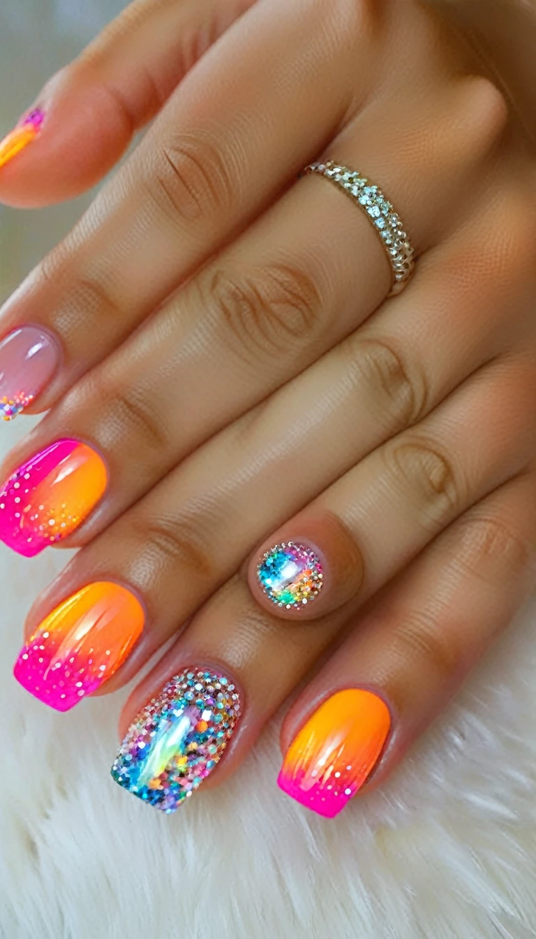 colorful detailed nails, intricate nail art, multiple nail designs, shiny metallic nails, neon glitter nails, holographic nail polish, 3d nail decorations, gemstone embellished nails, abstract nail art patterns, vibrant ombre nails, (best quality,4k,8k,highres,masterpiece:1.2), ultra-detailed, (realistic,photorealistic,photo-realistic:1.37), macro photography, studio lighting, professional nail salon