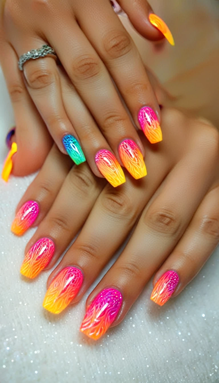 colorful detailed nails, intricate nail art, multiple nail designs, shiny metallic nails, neon glitter nails, holographic nail polish, 3d nail decorations, gemstone embellished nails, abstract nail art patterns, vibrant ombre nails, (best quality,4k,8k,highres,masterpiece:1.2), ultra-detailed, (realistic,photorealistic,photo-realistic:1.37), macro photography, studio lighting, professional nail salon