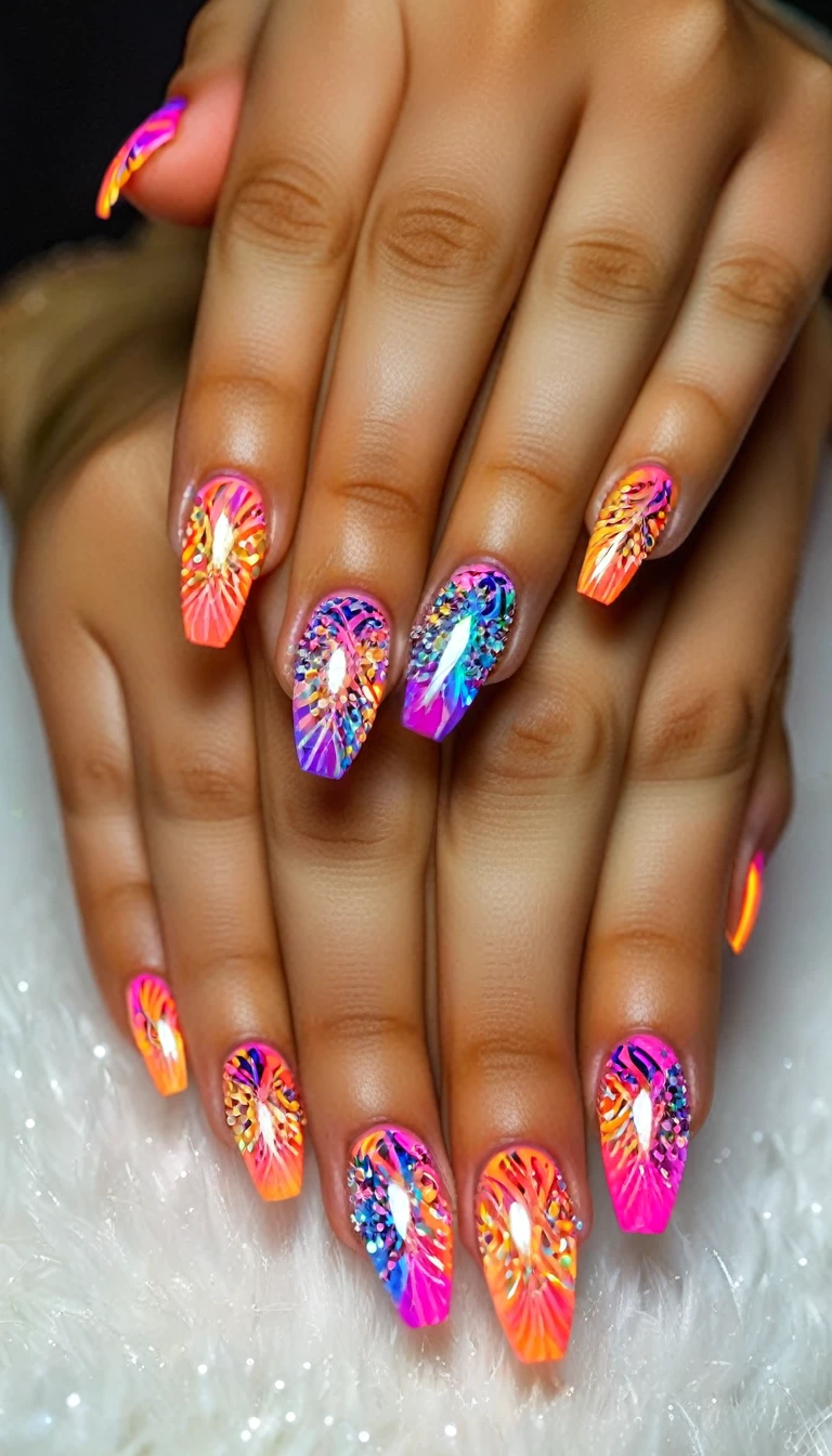 colorful detailed nails, intricate nail art, multiple nail designs, shiny metallic nails, neon glitter nails, holographic nail polish, 3d nail decorations, gemstone embellished nails, abstract nail art patterns, vibrant ombre nails, (best quality,4k,8k,highres,masterpiece:1.2), ultra-detailed, (realistic,photorealistic,photo-realistic:1.37), macro photography, studio lighting, professional nail salon