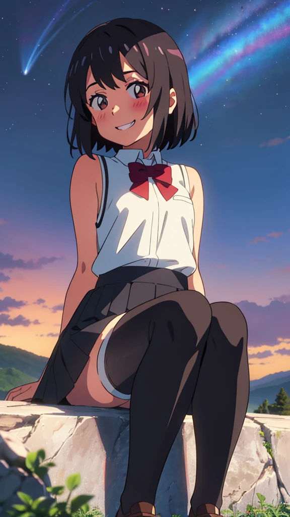 shinkai makoto, kimi no na wa., 1girl, bangs, black hair, blush, expressive eyes, brown eyes, perfect face, looking at the viewer, sleeveless dress, skirt, thighhighs, short hair, solo, outdoors, shinny skin, smile, cute, grin, night sky, mountains, rocks, sitting, (masterpiece), best quality