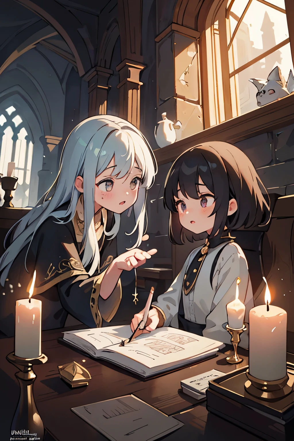 a detailed fantasy scene of three young girls exploring an ancient, mysterious house, extremely detailed eyes and faces, beautiful detailed lips, longeyelashes, highly realistic, photorealistic, 8k, masterpiece, studio lighting, vivid colors, dramatic lighting, ornate architecture, dusty textures, cobweb-covered walls, mysterious atmosphere, sense of discovery, warm light from candles, glowing magical artifacts, capture the essence of this magical and mysterious encounter. Your drawing will be fundamental for the creation of a unique publication, which combines the gothic atmosphere and the charm of the supernatural. Remember to add evocative details, such as candle flames dancing in the dark, shadows moving ominously along the rock walls, . Highlight the aura of mystery and emotion that this forbidden encounter evokes.