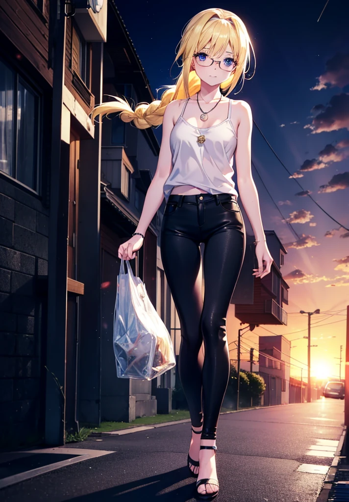 Alicesburg, Alice Zuberg, bangs, blue eyes, Blonde, Hair between the eyes, Very long braid, hair band, white hair band,Black-rimmed glasses,Yellow Tank Top,Locket Necklace,skinny pants,Stiletto heels,Walking,morning,morning陽,The sun is rising,whole bodyがイラストに入るように,smile,blush,
break outside, Residential Street,
break looking at viewer, whole body,
break (masterpiece:1.2), Highest quality, High resolution, unity 8k wallpaper, (figure:0.8), (Beautiful attention to detail:1.6), Highly detailed face, Perfect lighting, Highly detailed CG, (Perfect hands, Perfect Anatomy),