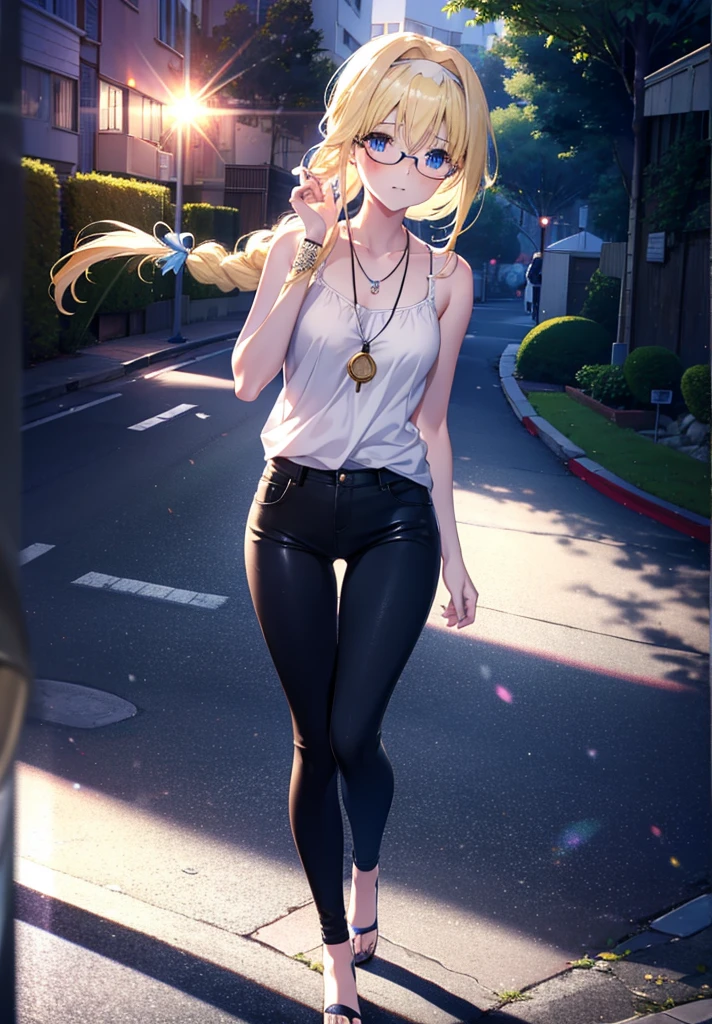 Alicesburg, Alice Zuberg, bangs, blue eyes, Blonde, Hair between the eyes, Very long braid, hair band, white hair band,Black-rimmed glasses,Yellow Tank Top,Locket Necklace,skinny pants,Stiletto heels,Walking,morning,morning陽,The sun is rising,whole bodyがイラストに入るように,smile,blush,
break outside, Residential Street,
break looking at viewer, whole body,
break (masterpiece:1.2), Highest quality, High resolution, unity 8k wallpaper, (figure:0.8), (Beautiful attention to detail:1.6), Highly detailed face, Perfect lighting, Highly detailed CG, (Perfect hands, Perfect Anatomy),