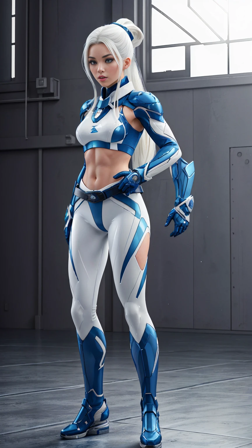 (((full body photo))), ((Full body photo,standing, feet on the ground)) flats for women, ( Masterpiece, 4k resolution, ultra-realistic, very detailed) sexy beautiful superheroine, has ice powers, white hair ponytail, back midriff with blue outlines and a snowflake symbol on her right, has black gloves with fur on her the wrist part, wears black tight pants, with a blue belt, blue lines full body in the style of realism, glistening skin, , natural lighting, Defined full lips. fitness feminine body. portrait photography by artgerm, in the style of realism, glistening skin, , natural lighting, Defined full lips. Muscular fitness feminine body,