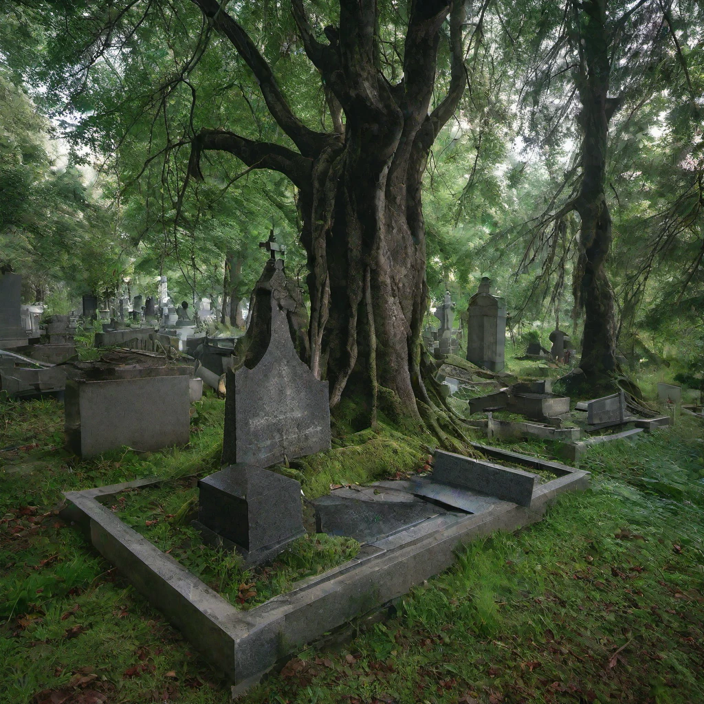 (masterpiece, best quality:1.2), Cemetery, forest, horror, old grave, roots, stones, iron border, strange trees, grass on grave