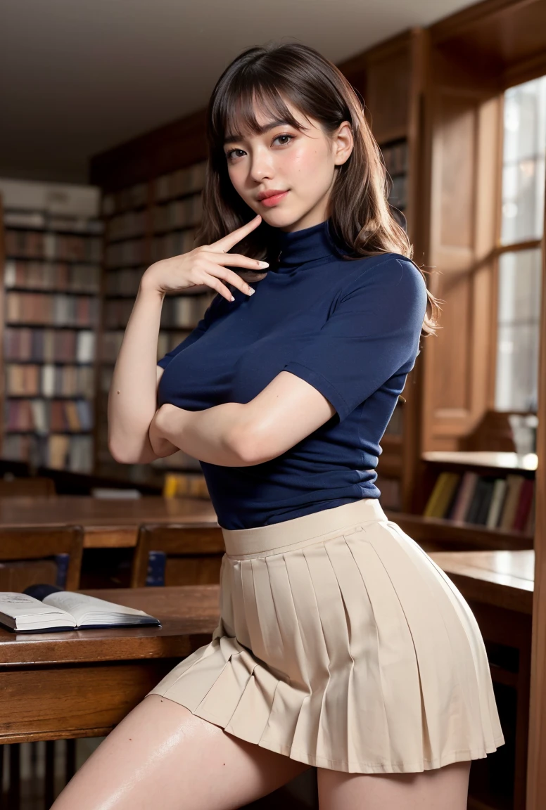 (((neat woman, perverted:1.9,masturbation:1.9,hand on mouth,deep make up:1.8,touch own nipples over clothes:1.9,little pussy juice:1.9))),(((sitting on the desk,kind smile:1.8,blush:1.8,deep cheek:1.8))),please touch me,eat me,tempting viewer,i want you))),(((blush,blush,deep cheek,deep cheek)))),(cinematic lighting), (Photo real:1.4)、(A hyper-realistic:1.4)、(Photorealistic:1.3)、 (gentle lighting: 1.05)、(Improve the lighting quality of your video:0.9)、 32k、25years old woman、photorealistic lighting、Back lighting、Facial Lights、Ray Trace、(bright:1.2)、(Increase quality:1.4)、 (best quality real texture skin)、Fair eyes,delicate face、 Close-up of the face, ((((Wearing the tight navy cotton t-shirts,high-neck,pleated beige skirt,high-heel:1.4))),(Bodyline mood improvement:1.1)、Glossy skin、good figure,perfect anatomy,Beautiful actress,(((beautiful huge soft breasts:1.8,huge breasts,slender waist,slender hip,long slender legs,8heads tall))),(((8heads tall))),(((brown wavy midium hair,bangs))),(((sweat skin,shiny skin,in the beautiful library,super clean night view,in the night))),