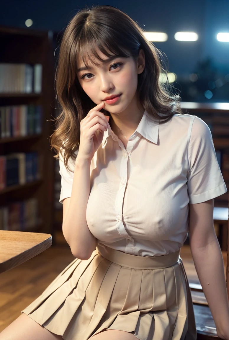 (((neat woman, perverted:1.9,hand on mouth,deep make up:1.8,touch own nipples over clothes:1.9,little pussy juice:1.9))),(((sitting on the huge table,from below,huge breasts:1.8,kind smile:1.8,blush:1.8,deep cheek:1.8))),please touch me,eat me,tempting viewer,i want you))),(((blush,blush,deep cheek,deep cheek)))),(cinematic lighting), (Photo real:1.4)、(A hyper-realistic:1.4)、(Photorealistic:1.3)、 (gentle lighting: 1.05)、(Improve the lighting quality of your video:0.9)、 32k、25years old woman、photorealistic lighting、Back lighting、Facial Lights、Ray Trace、(bright:1.2)、(Increase quality:1.4)、 (best quality real texture skin)、Fair eyes,delicate face、 Close-up of the face, ((((Wearing the white collared-shirts,pleated beige skirt,high-heel:1.4))),(Bodyline mood improvement:1.1)、Glossy skin、good figure,perfect anatomy,Beautiful actress,(((beautiful huge soft breasts:1.8,huge breasts,slender waist,slender hip,long slender legs,8heads tall))),(((8heads tall))),(((brown wavy midium hair,bangs))),(((sweat skin,shiny skin,in the beautiful minimal library,super clean night view,in the night))),