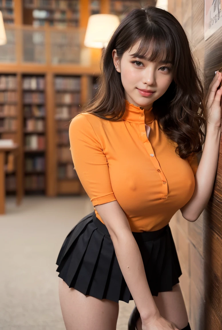 (((neat woman, perverted:1.9,hand on mouth,deep make up:1.8,touch own nipples over clothes:1.9,little pussy juice:1.9))),(((leaning forward ,hand on wall,from below,huge breasts:1.8,kind smile:1.8,blush:1.8,deep cheek:1.8))),please touch me,eat me,tempting viewer,i want you))),(((blush,blush,deep cheek,deep cheek)))),(cinematic lighting), (Photo real:1.4)、(A hyper-realistic:1.4)、(Photorealistic:1.3)、 (gentle lighting: 1.05)、(Improve the lighting quality of your video:0.9)、 32k、25years old woman、photorealistic lighting、Back lighting、Facial Lights、Ray Trace、(bright:1.2)、(Increase quality:1.4)、 (best quality real texture skin)、Fair eyes,delicate face、 Close-up of the face, ((((Wearing the tight orange collared-shirts,high-neck,pleated black skirt,high-heel:1.4))),(Bodyline mood improvement:1.1)、Glossy skin、good figure,perfect anatomy,Beautiful actress,(((beautiful huge soft breasts:1.8,huge breasts,slender waist,slender hip,long slender legs,8heads tall))),(((8heads tall))),(((brown wavy midium hair,bangs))),(((sweat skin,shiny skin,in the beautiful library,super clean night view,in the night))),