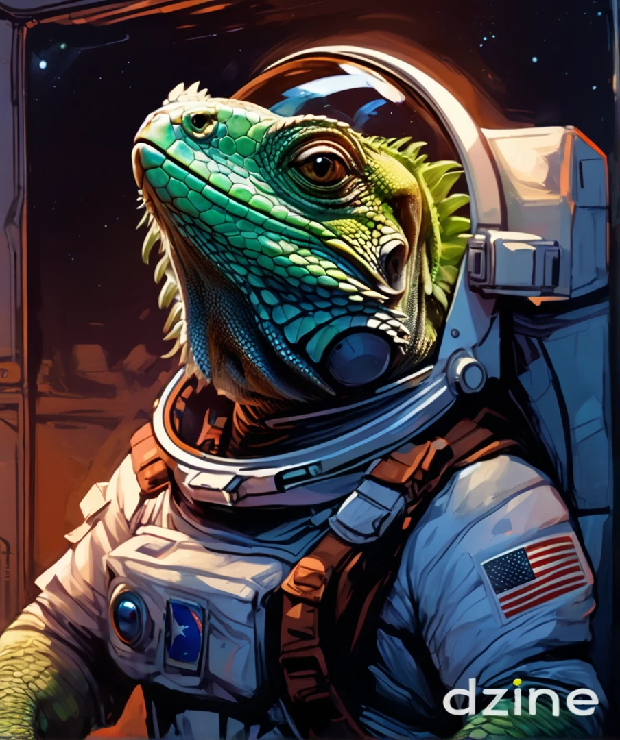 lizard in spacesuit with helmet and American flag on chest, reptilian extraterrestrial, science fiction lizard alien, lizard Man art, sci-fi lizard Man, amazing space creature 4k, hedgehog cosmonaut portrait, inspired by Bob Eggleton, lizard person, lizard Man, Detailed digital illustration, award-winning creature portrait, science fiction illustrations