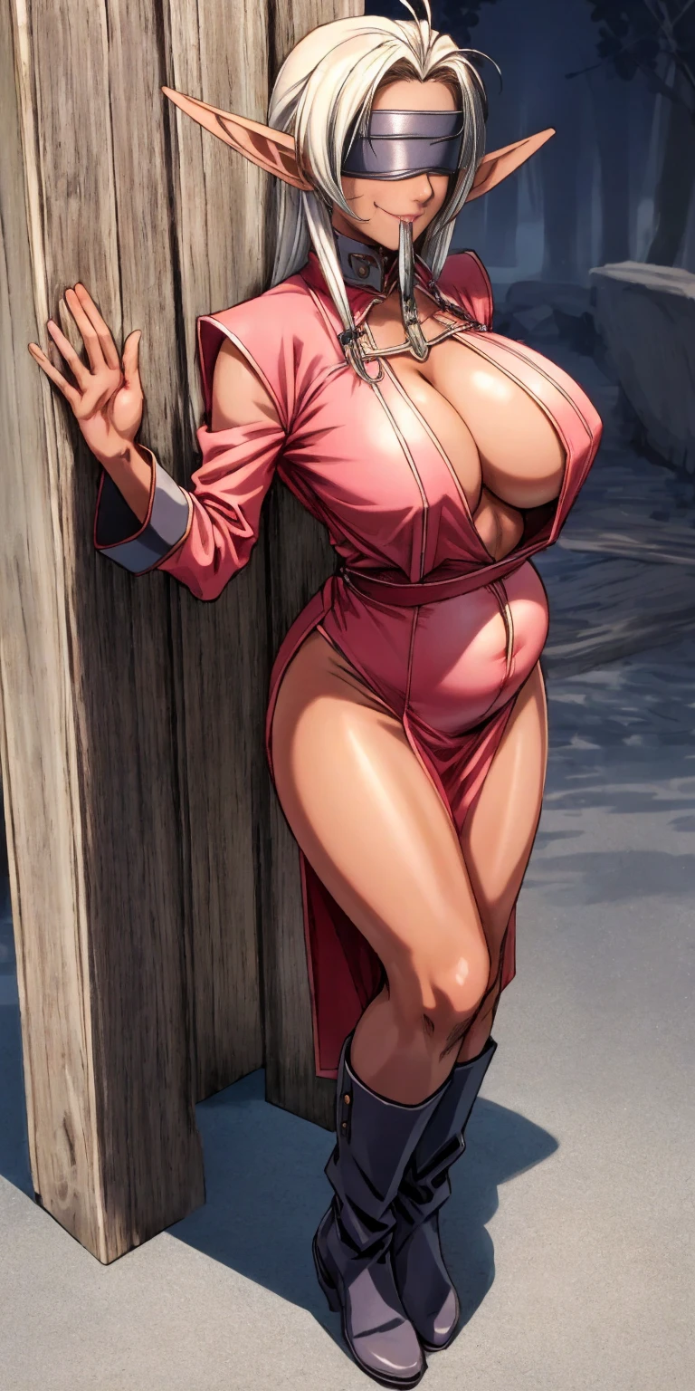 Character: Dark elf skin, extremely huge breasts, maternal ((standing by wooden pole:1.2)) looking from above happy closed mouth ((Dark elf skin)) looks at the viewer smiling, extremely huge breasts, maternal, chest cover with clothes, Blindfolded: NO EYES