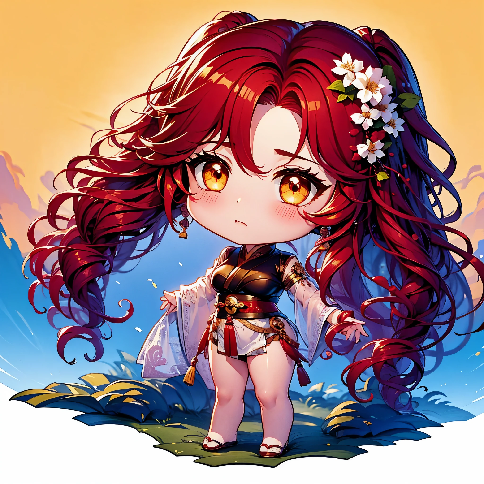 Chibi character pixel art, ((xian mei)), 1 girl, long red hair, standing, Chibi style, shapely breasts, high quality pixel art, Gege Akutami, photography, beautiful, colorful, realistic, masterpieces, top quality, best quality, official art, beautiful and aesthetic, hanfu, perfect anatomy, mini solo chibi