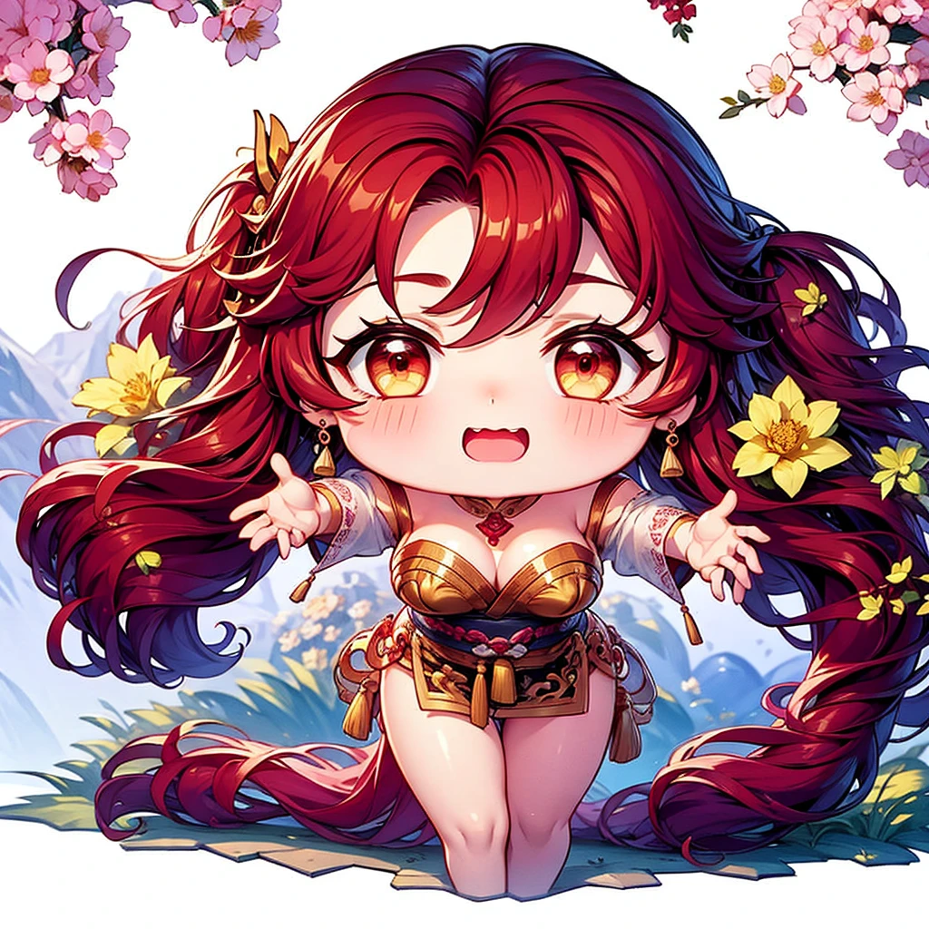 Chibi character pixel art, ((xian mei)), 1 girl, long red hair, standing, Chibi style, shapely breasts, high quality pixel art, Gege Akutami, photography, beautiful, colorful, realistic, masterpieces, top quality, best quality, official art, beautiful and aesthetic, hanfu, perfect anatomy, mini solo chibi, cry, flushed face teary eyes,