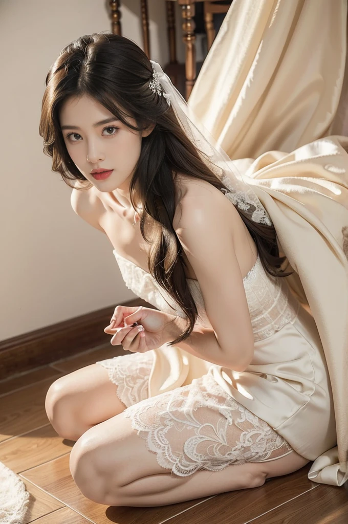 (((best quality))),(((ultra detailed))),(((masterpiece))),illustration,(1 beautiful girl,bride,solo),((slim,thin)),((small breasts,flat chest)),(shoulder length straight hair:1.2),(strapless white lace sheer wedding dress:1.3),dim pink lighting,massage parlor,patiently waiting,tool box,soft ambient lighting,refreshing contrast,sultry summer night,air conditioning,atmosphere of relaxation,serenity,delicate features,curves,elegance,sophistication,toolbox contents,assortment of implements,oils,lotions,massage tools,background music,soothing ambiance,comfortable massage bed,fresh clean sheets,calming artwork,warm friendly demeanor,sense of calm,compassion,eager anticipation,healing rejuvenating experience,((kneeling on the floor)),((from front,upper body))