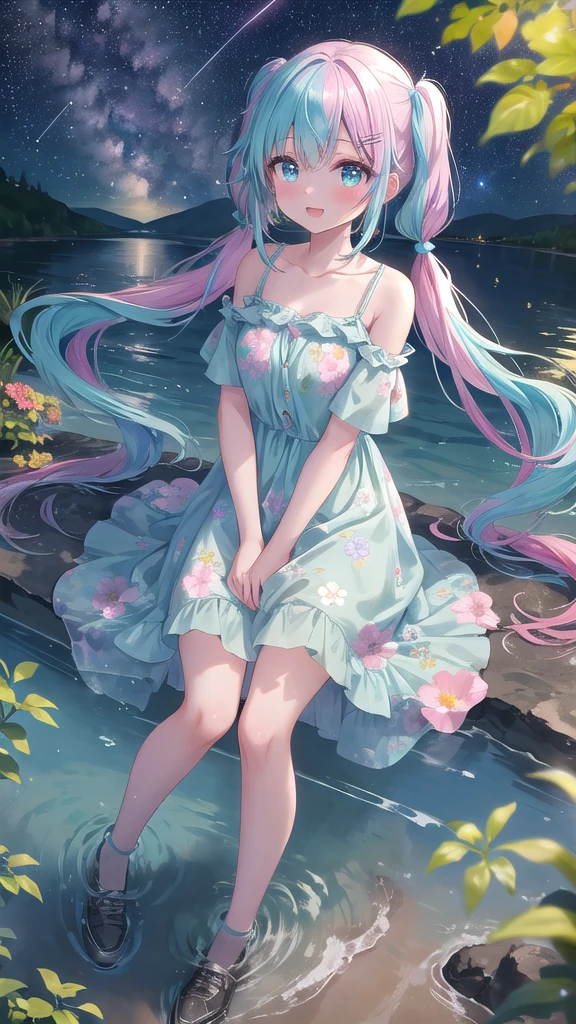 (8K, best quality, master piece: 1.2),super high resolution,1 girl, solo, full body ,ultra-detailed face, blush, Rainbow hair, (Pigtails:1.3), thin hair clip, cyan colorshift eyes, expressive eyes, collarbone, Ecstatic expression, Midnight, Shining stars and shooting stars, coastline, flowy sundress with a floral pattern in pastel colors,above her knees, park, flowers and greenery