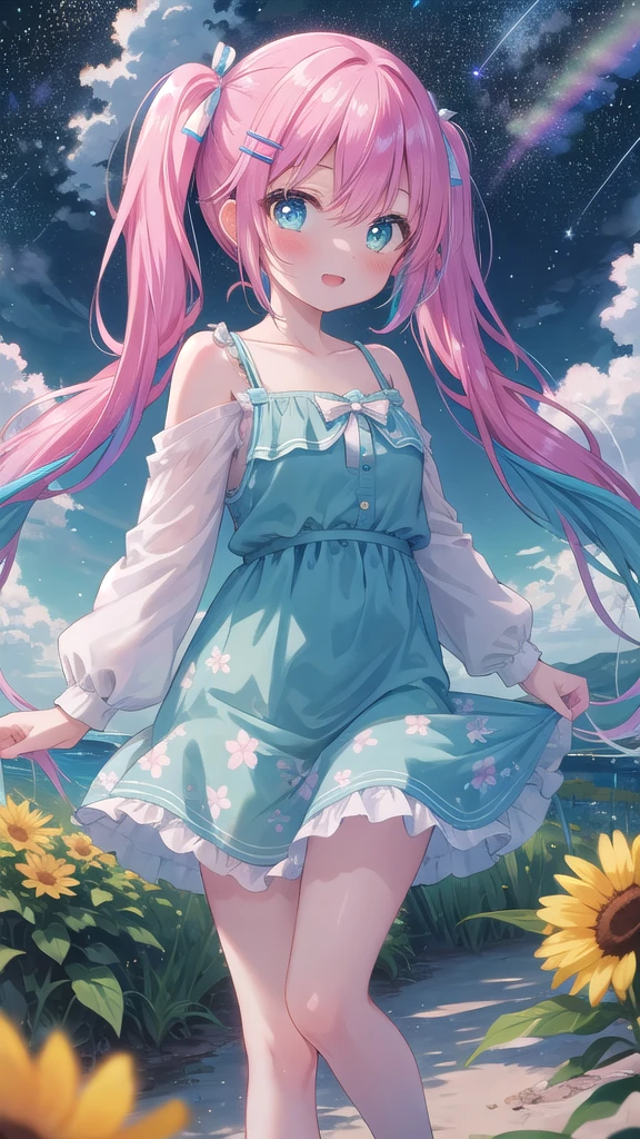 (8K, best quality, master piece: 1.2),super high resolution,1 girl, solo, full body ,ultra-detailed face, blush, Rainbow hair, (Pigtails:1.3), thin hair clip, cyan colorshift eyes, expressive eyes, collarbone, Ecstatic expression, Midnight, Shining stars and shooting stars, coastline, flowy sundress with a floral pattern in pastel colors,above her knees, park, flowers and greenery