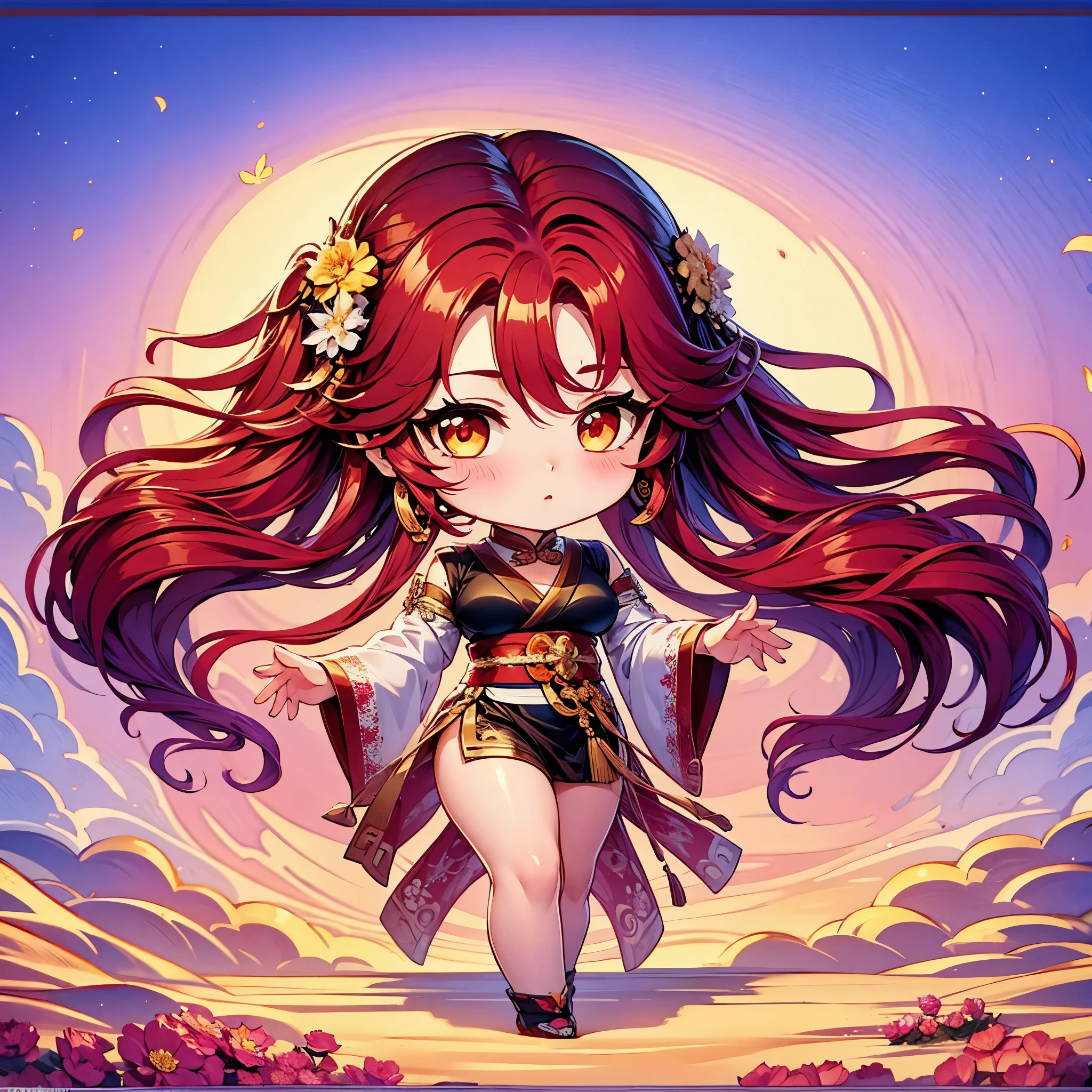Chibi character pixel art, ((xian mei)), 1 girl, long red hair, standing, Chibi style, shapely breasts, high quality pixel art, Gege Akutami, photography, beautiful, colorful, realistic, masterpieces, top quality, best quality, official art, beautiful and aesthetic, hanfu, perfect anatomy, mini solo chibi