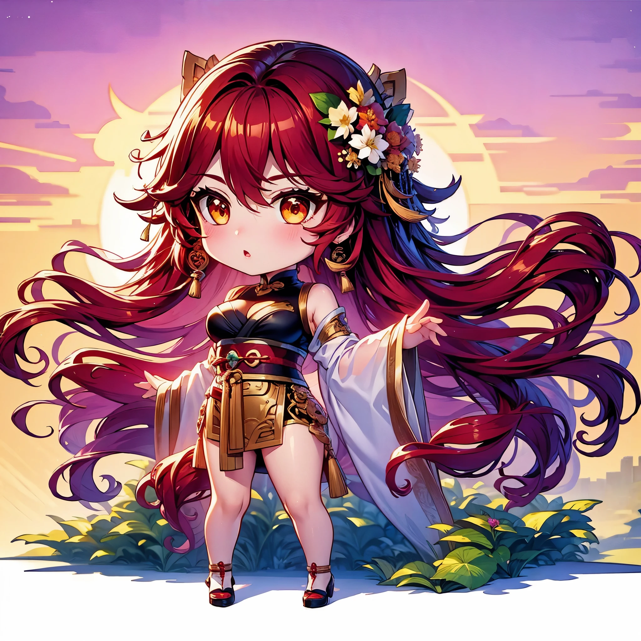 Chibi character pixel art, ((xian mei)), 1 girl, long red hair, standing, Chibi style, shapely breasts, high quality pixel art, Gege Akutami, photography, beautiful, colorful, realistic, masterpieces, top quality, best quality, official art, beautiful and aesthetic, hanfu, perfect anatomy, mini solo chibi