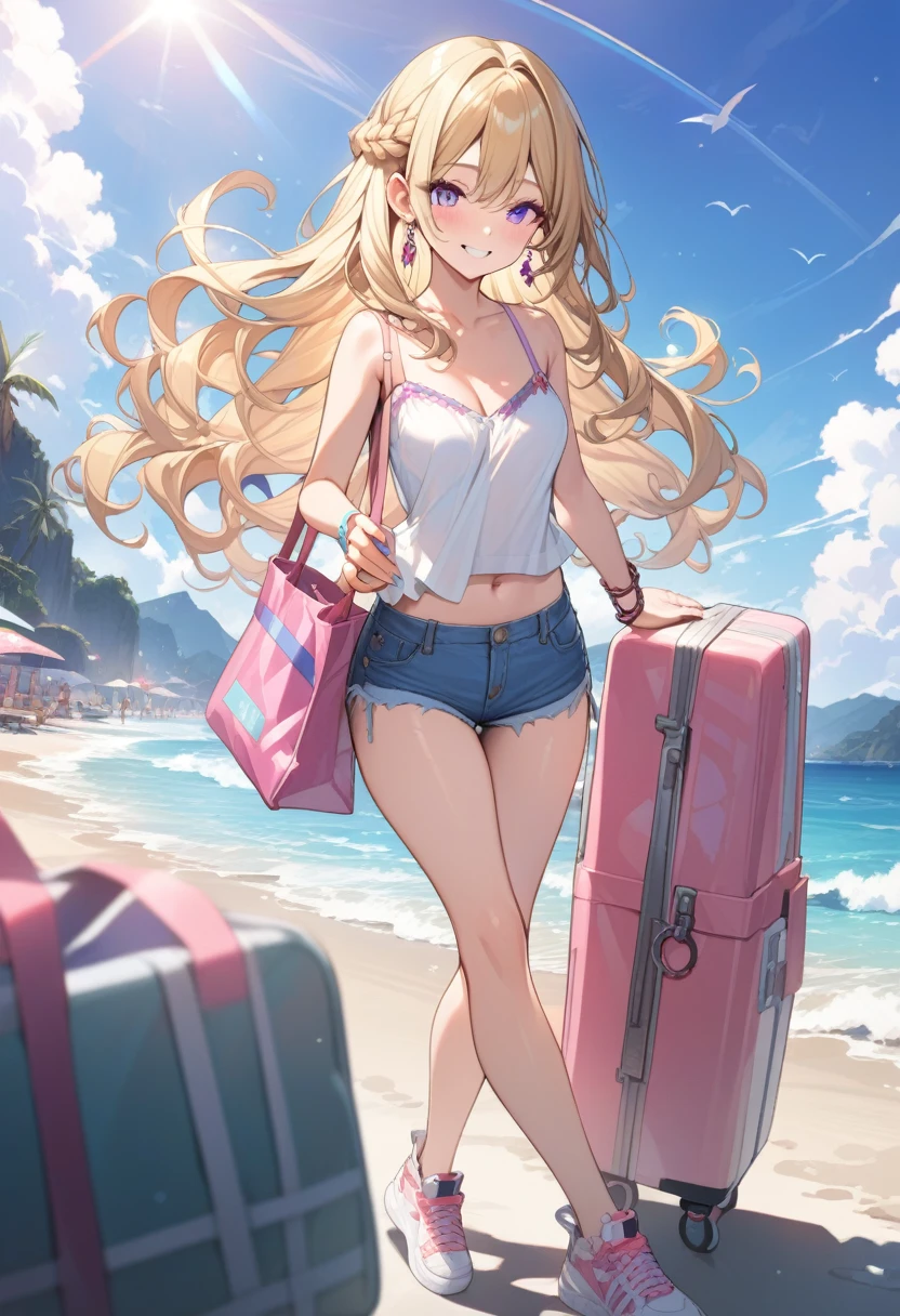 masterpiece, best quality, extremely detailed, ultra detailed, flat anime, 2D,
1girl, (young adult:1.2),blonde hair, (semi-long hair:1.2), curly hair, french braid,medium breasts, tsurime, purple eyes,earring,bracelet,height 1.7meters,
smile, pink sneaker, denim shorts, camisole, beach bag,
{{happy}}, (dynamic:1.7), (full body:1.7), outdoors, summer, facing viewer