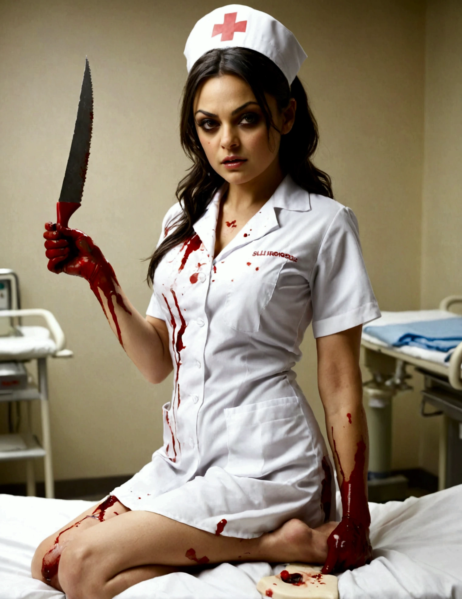 Mila Kunis, age 25, dirty dangerous sexy nurse cosplay, horror, some blood spatter, holding up a bone saw, sultry pose, hospital room