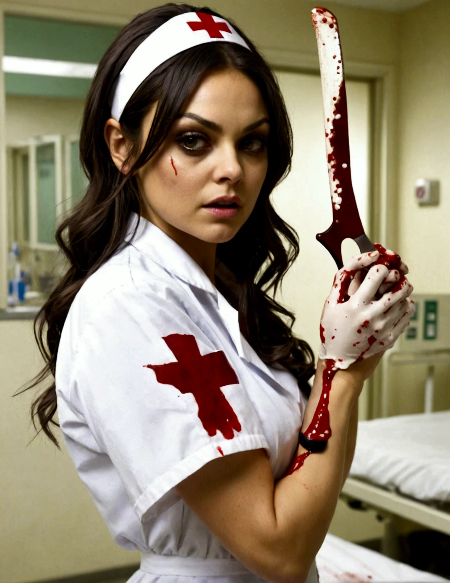 Mila Kunis, age 25, dirty dangerous sexy nurse cosplay, horror, some blood spatter, holding up a bone saw, sultry pose, hospital room