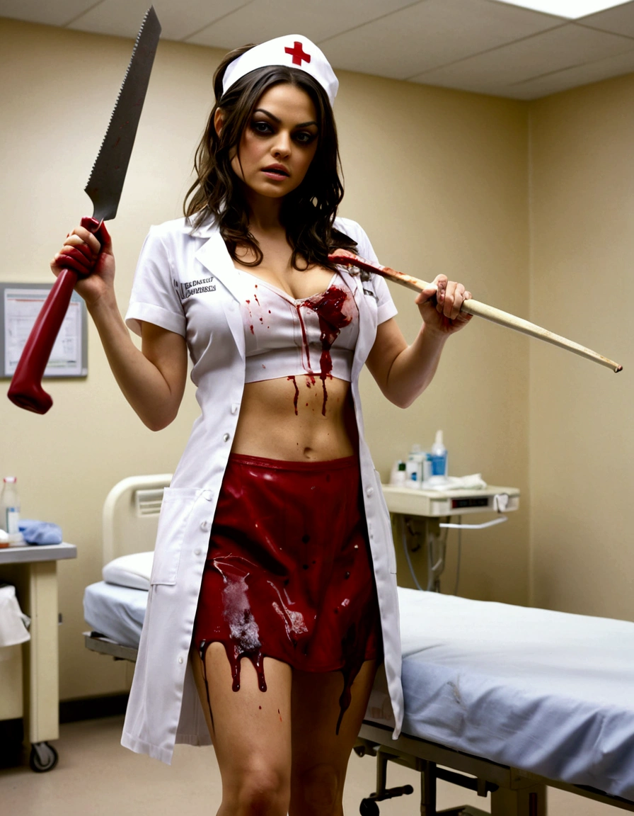 Mila Kunis, age 25,  dirty dangerous sexy nurse cosplay, horror, some blood spatter, holding up a bone saw, sultry pose, hospital room