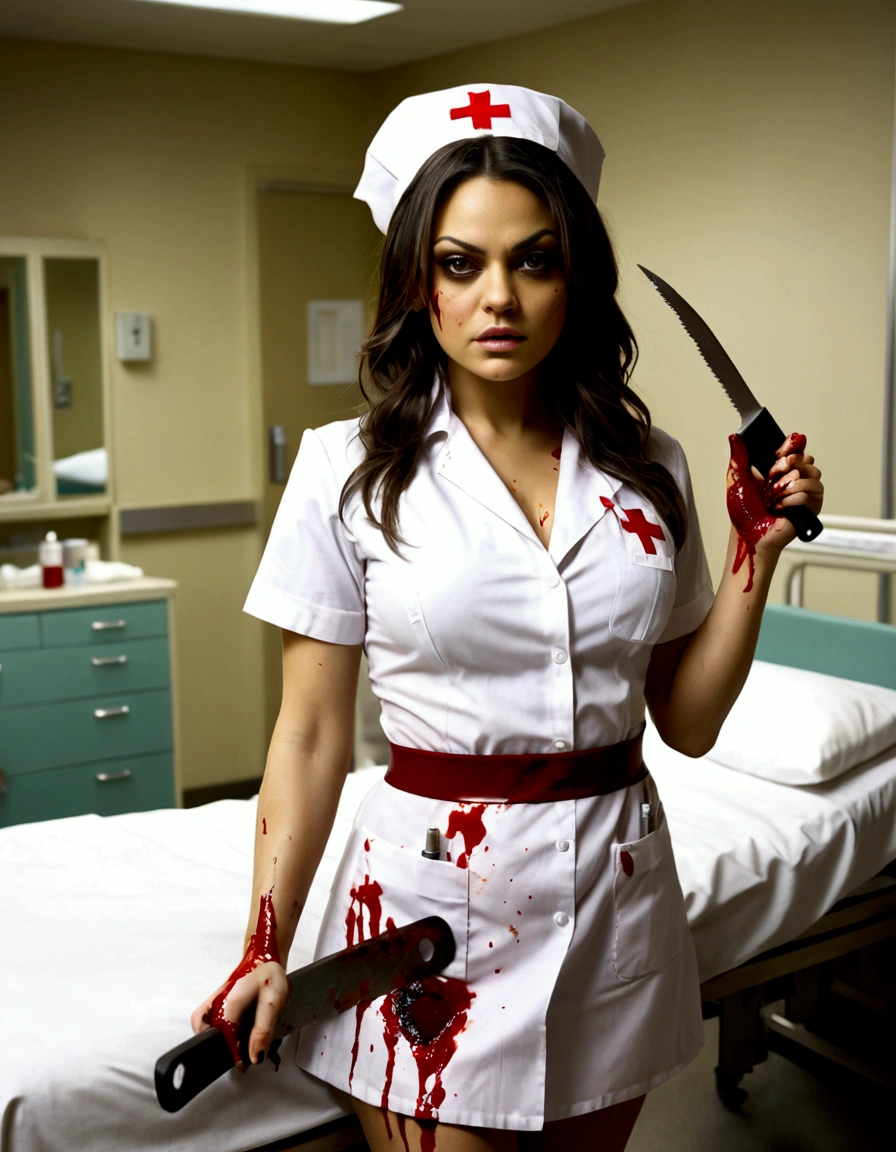 Mila Kunis, age 25, dirty dangerous sexy nurse cosplay, horror, some blood spatter, holding up a bone saw, sultry pose, hospital room