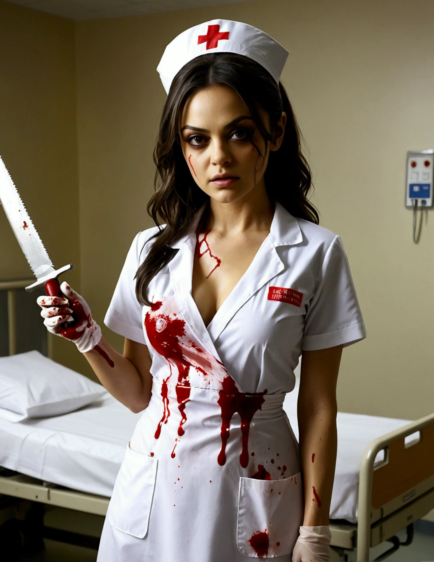 Mila Kunis, age 25, dirty dangerous sexy nurse cosplay, horror, some blood spatter, holding up a bone saw, sultry pose, hospital room
