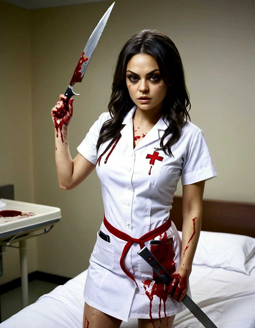 Mila Kunis, age 25, dirty dangerous sexy nurse cosplay, horror, some blood spatter, holding up a bone saw, sultry pose, hospital room
