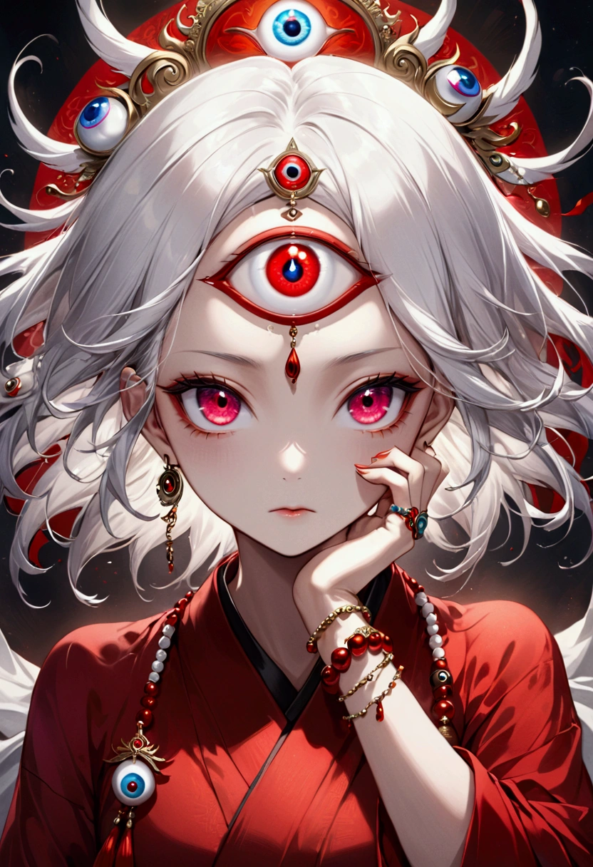 (White-haired girl，third eye on the forehead:1.1).Red Kimono，18 eyeball bracelet，Buddhist beads