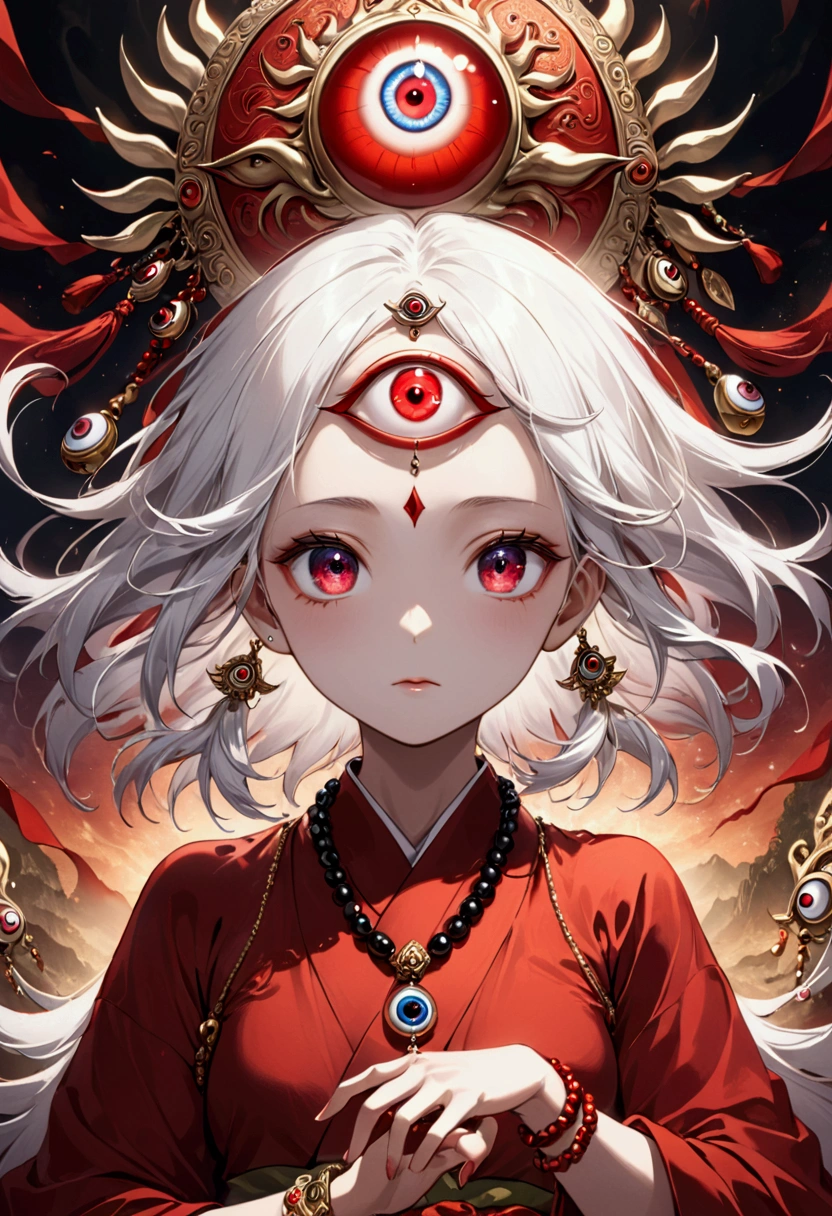 (((Girl with 3 eyes))),(((3 eyes:1.37))),(((third eye on the forehead:1.1))),Girl with 3 eyes,Staring Monster,Strange girl,独奏,Long white hair,Japanese style,demon,Elf,Japanese red kimono with dark patterns,Greenbelt,Eyeball Golden Crown
